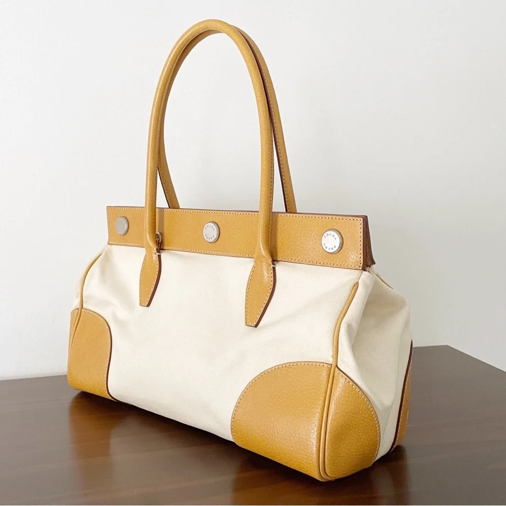 Prada Canapa canvas and orange leather button detail satchel bag